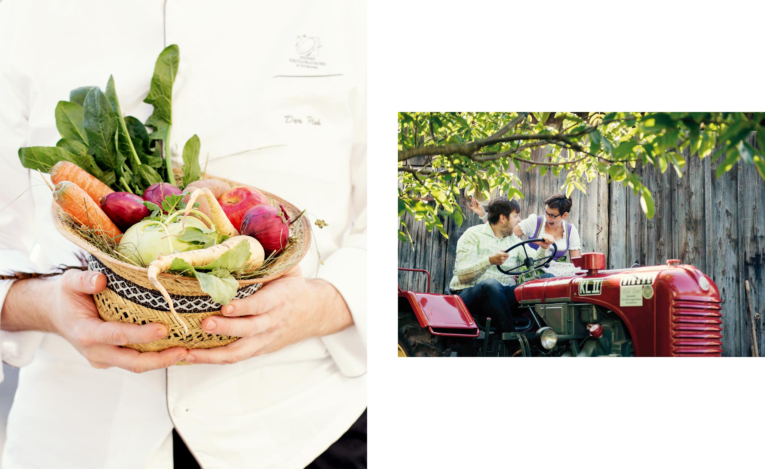Zwei Fotos: Koch hält Hut voller Gemüse; Joseph und Elisabeth Floh fahren mit einem Traktor