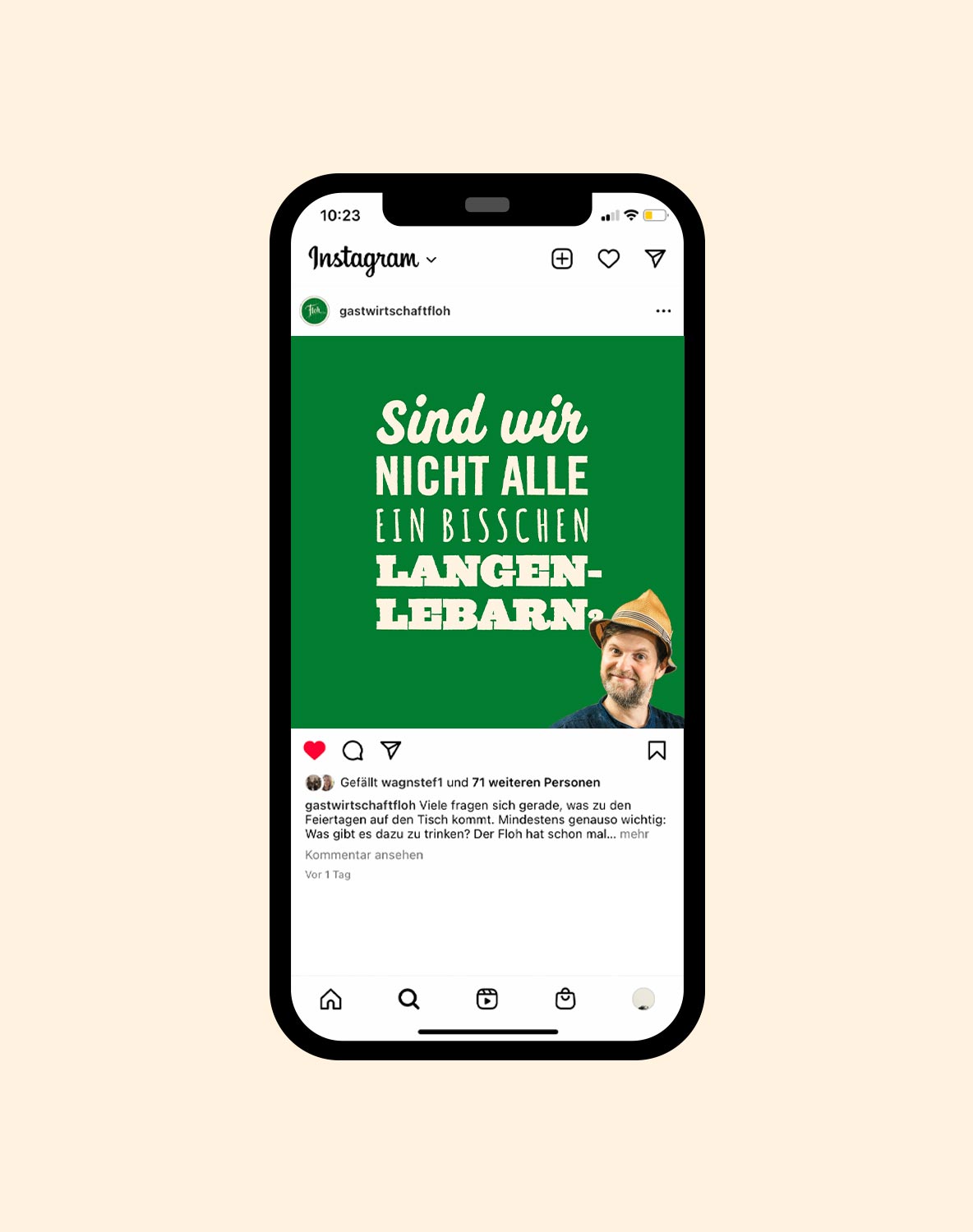 Instagram-Posting der Gastwirtschaft Floh: Foto vom Floh auf grünem Hintergrund mit Headline "Sind wir nicht alle ein bisschen Langenlebarn"